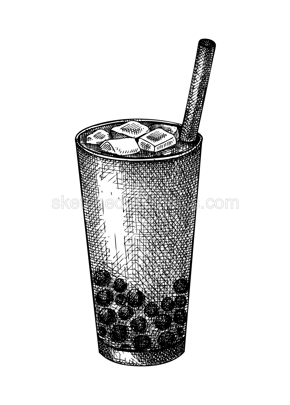 Hand-sketched Bubble tea in a glass mug illustration. Vector sketch of popular tea drink with tapioca balls and milk. Vintage beverage in glass hand-drawing for bar or restaurant menu design Illustration
